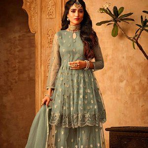 Green Embroidered Net Palazzo Suit NWT